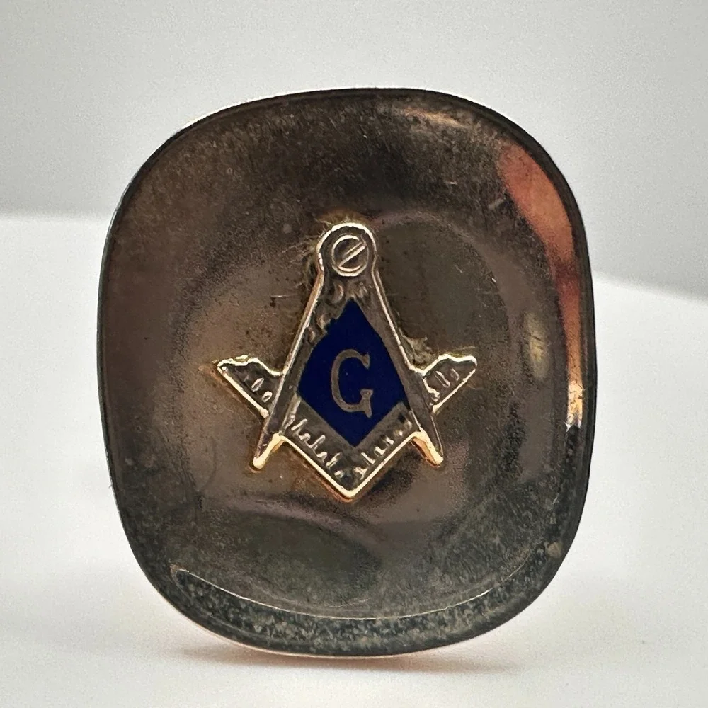Vintage 90s Masonic Cufflinks & Tie Bar Set Gold Tone Blue Enamel Square Compass